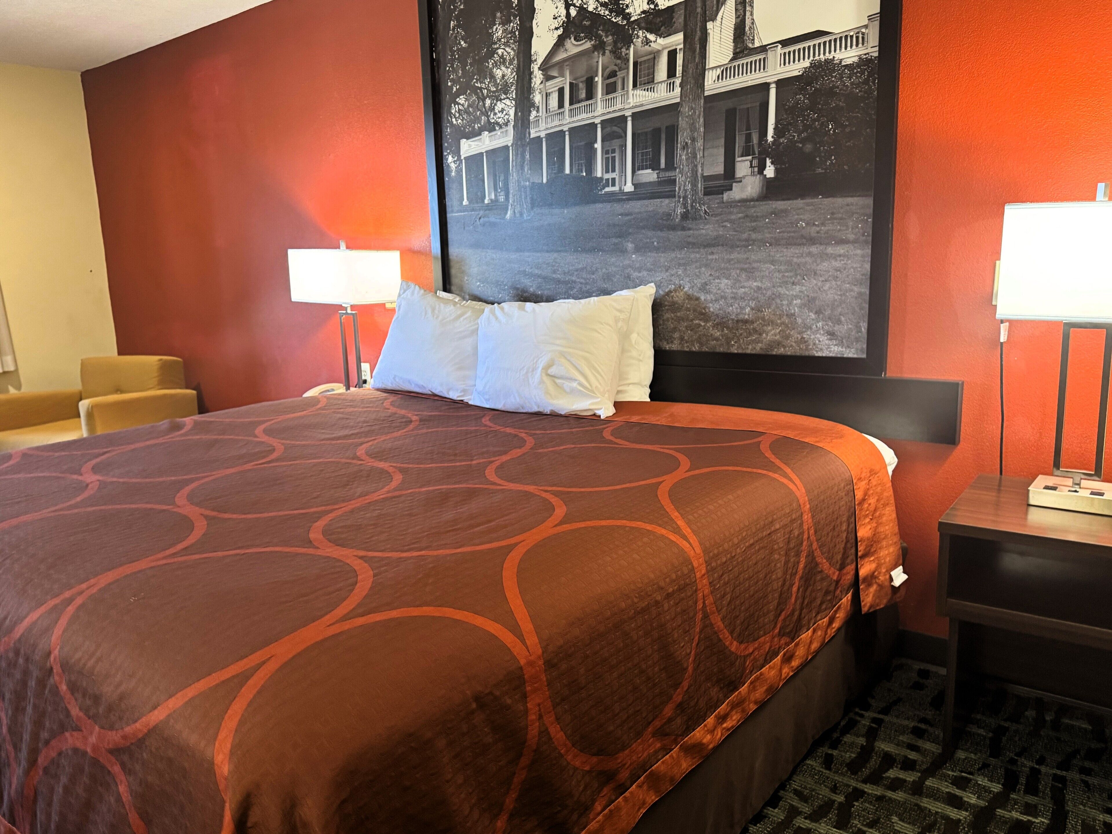 Habitación de hotel con una cama grande, dos lámparas de noche, un cabecero, una mesita de noche y un cuadro enmarcado en la pared.