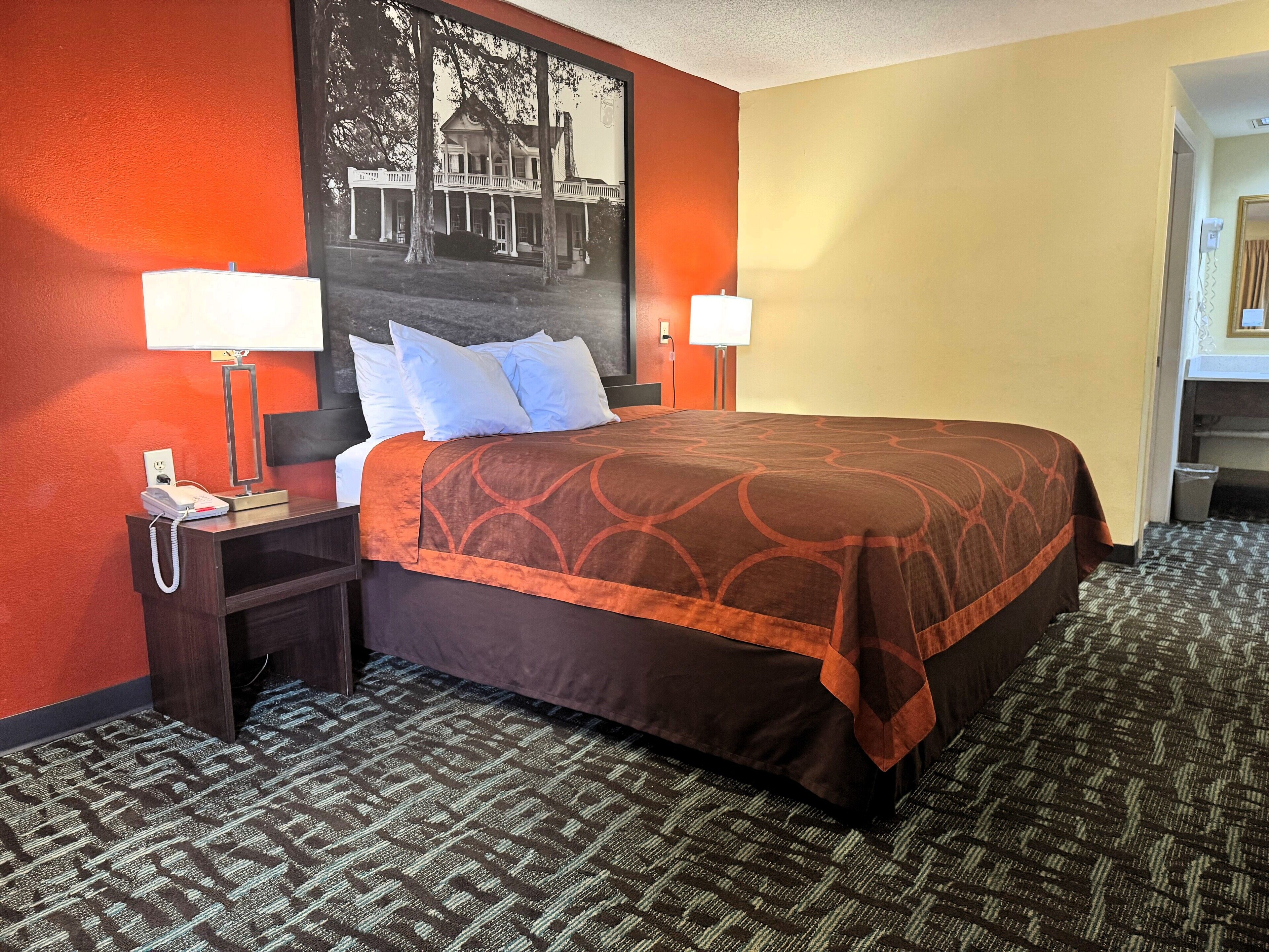 A hotel room with a large bed, two bedside lamps, a telephone, and a framed picture on the wall.