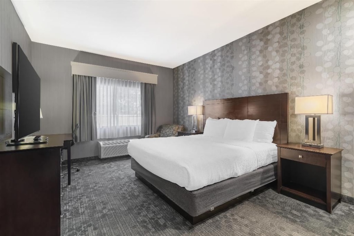 A hotel room with a large bed, a television, a desk, and a window with curtains.