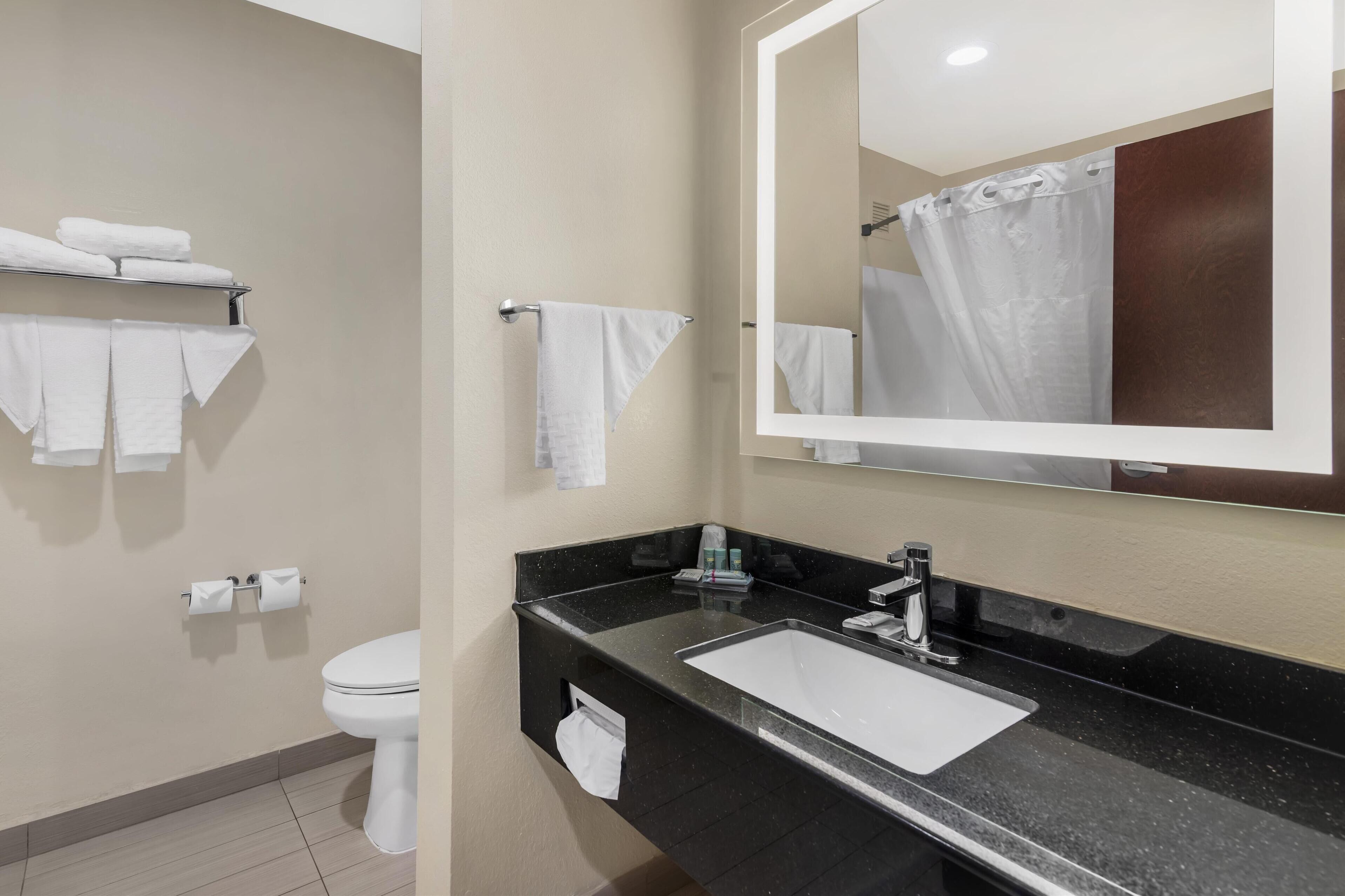 combined shower/bathtub, free toiletries, hair dryer, towels