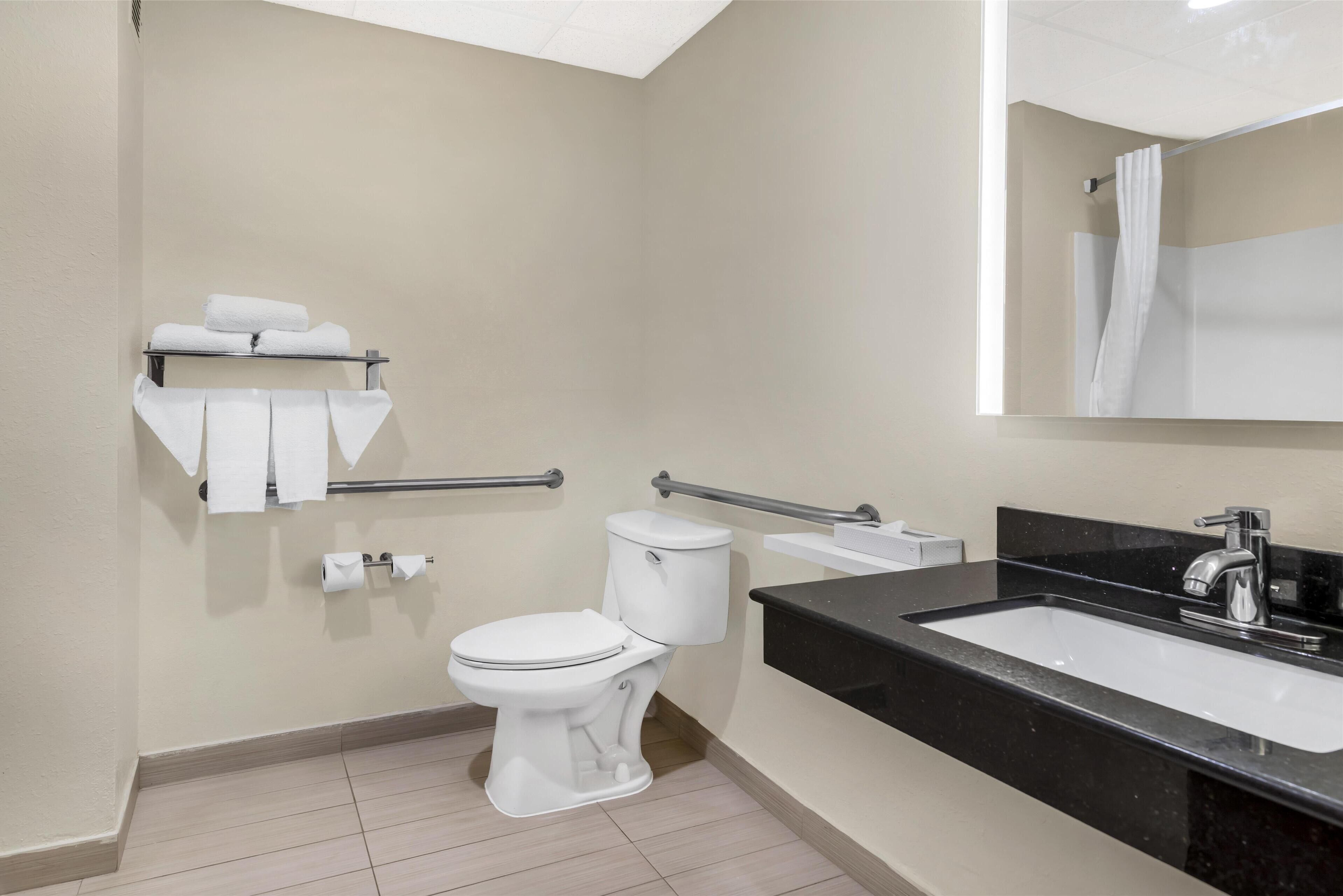 standard room, 1 king bed, accessible, refrigerator & microwave | bathroom | combined shower/bathtub, free toiletries, hair dryer, towels