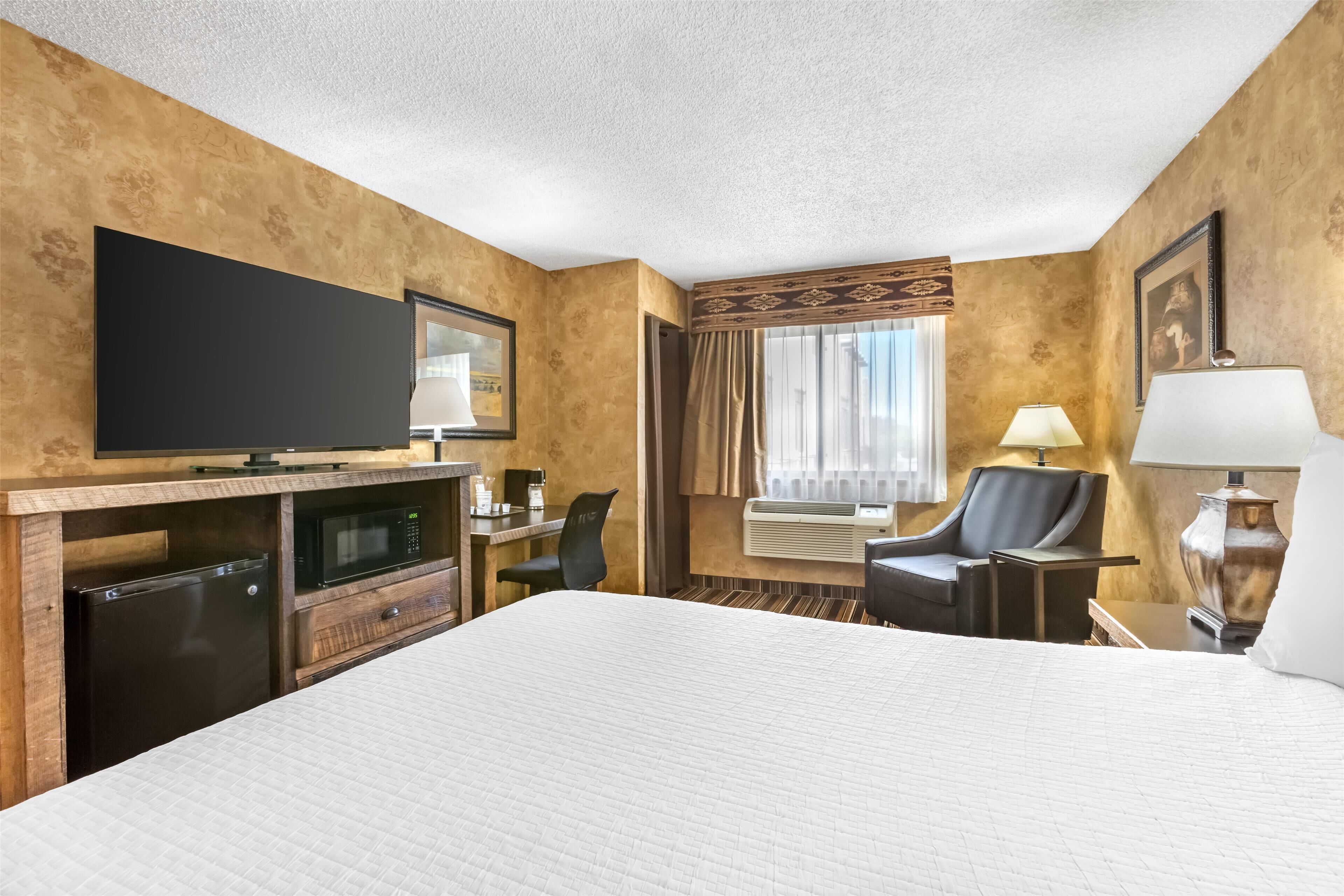 Habitación de hotel con una cama grande, un televisor de pantalla plana, un escritorio con silla, un microondas y un equipo de aire acondicionado.