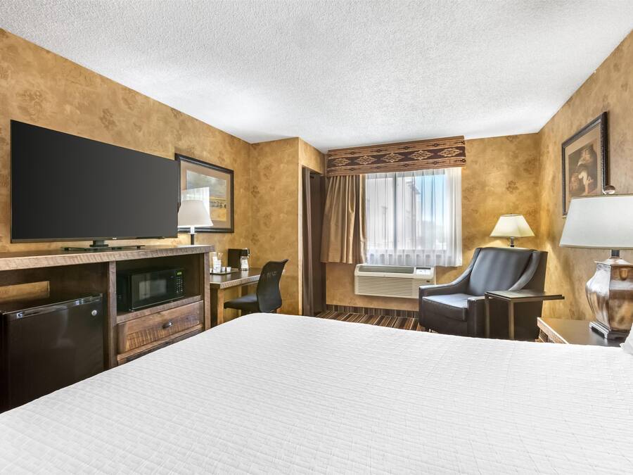 Habitación de hotel con una cama grande, un televisor de pantalla plana, un escritorio con silla, un microondas y un equipo de aire acondicionado.