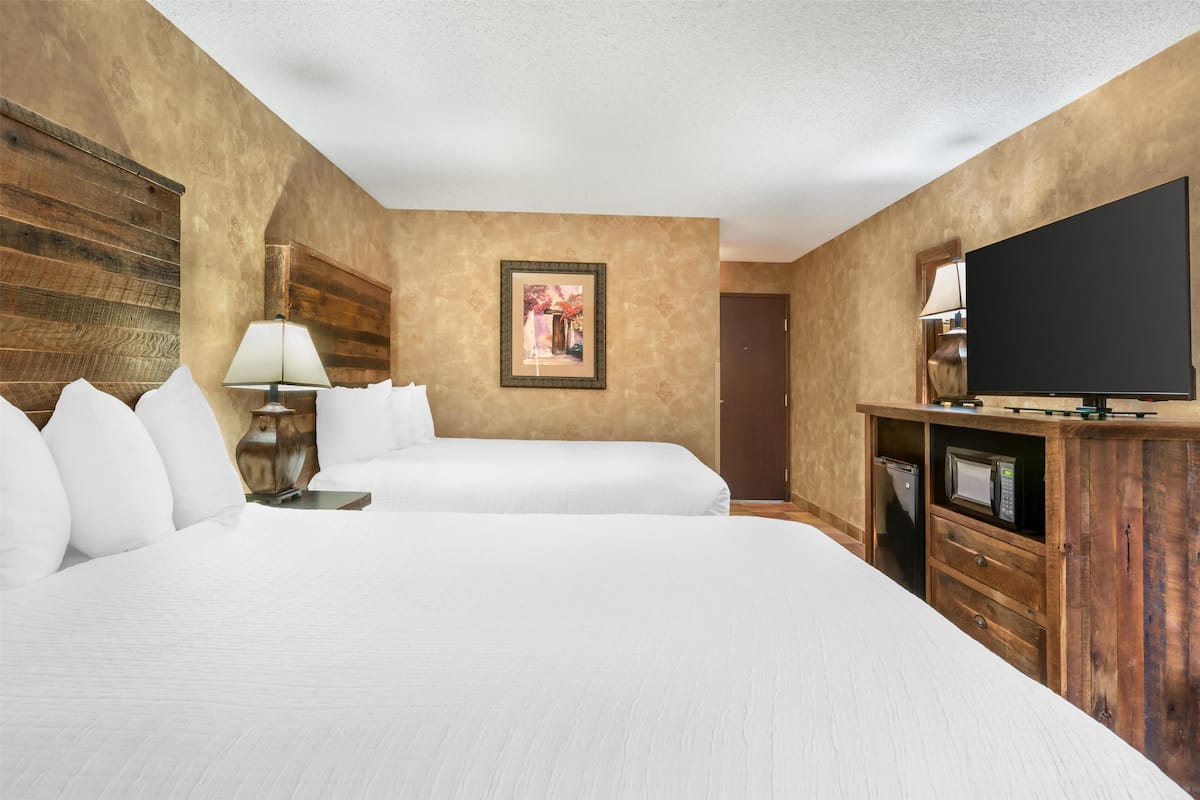 A hotel room with two beds, a television, a lamp, and a framed picture on the wall.