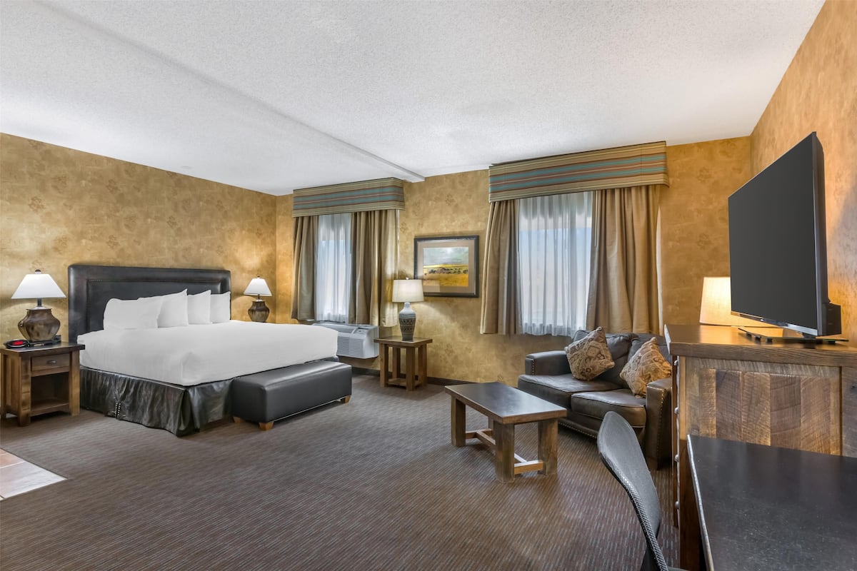 A hotel room with a large bed, a desk, a chair, a sofa, and a television.