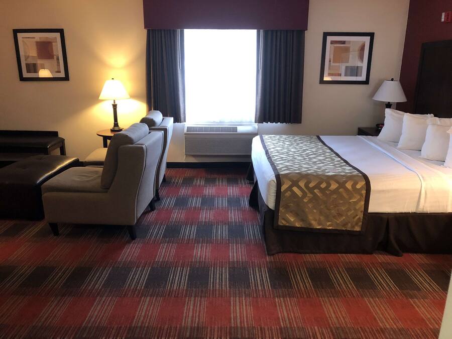 A hotel room with a bed, a sofa, a desk, and a lamp.