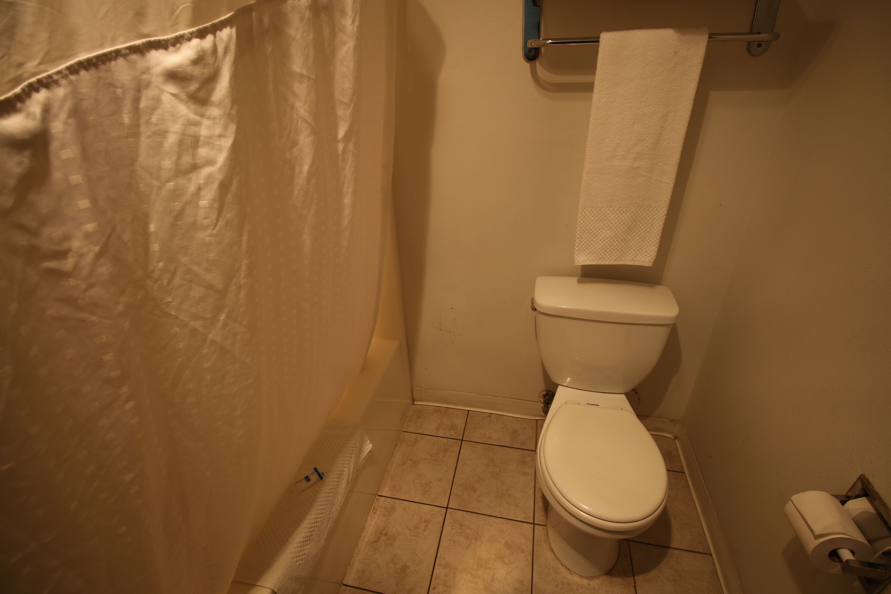 Un baño pequeño con inodoro, barra para toallas y cortina de ducha.