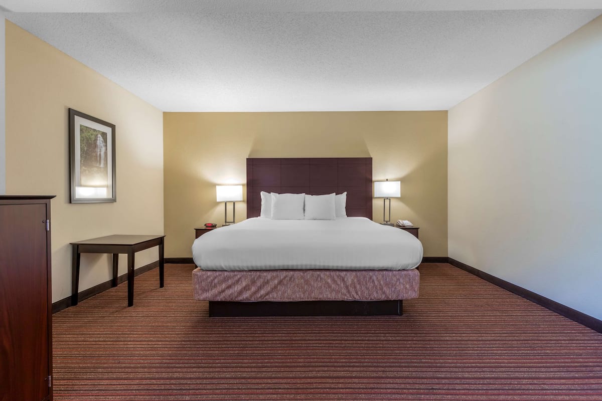 A hotel room with a large bed, two bedside tables, a nightstand, and a framed picture on the wall.