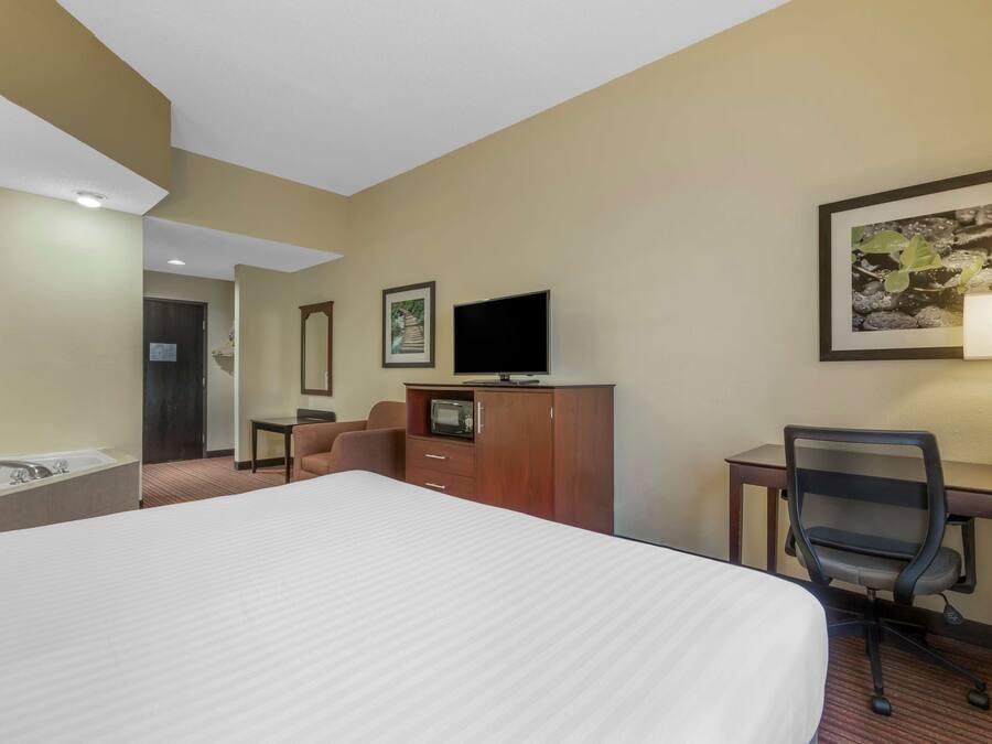 A hotel room with a large bed, a desk with a computer, a TV, a chair, a desk lamp, and a framed picture on the wall.