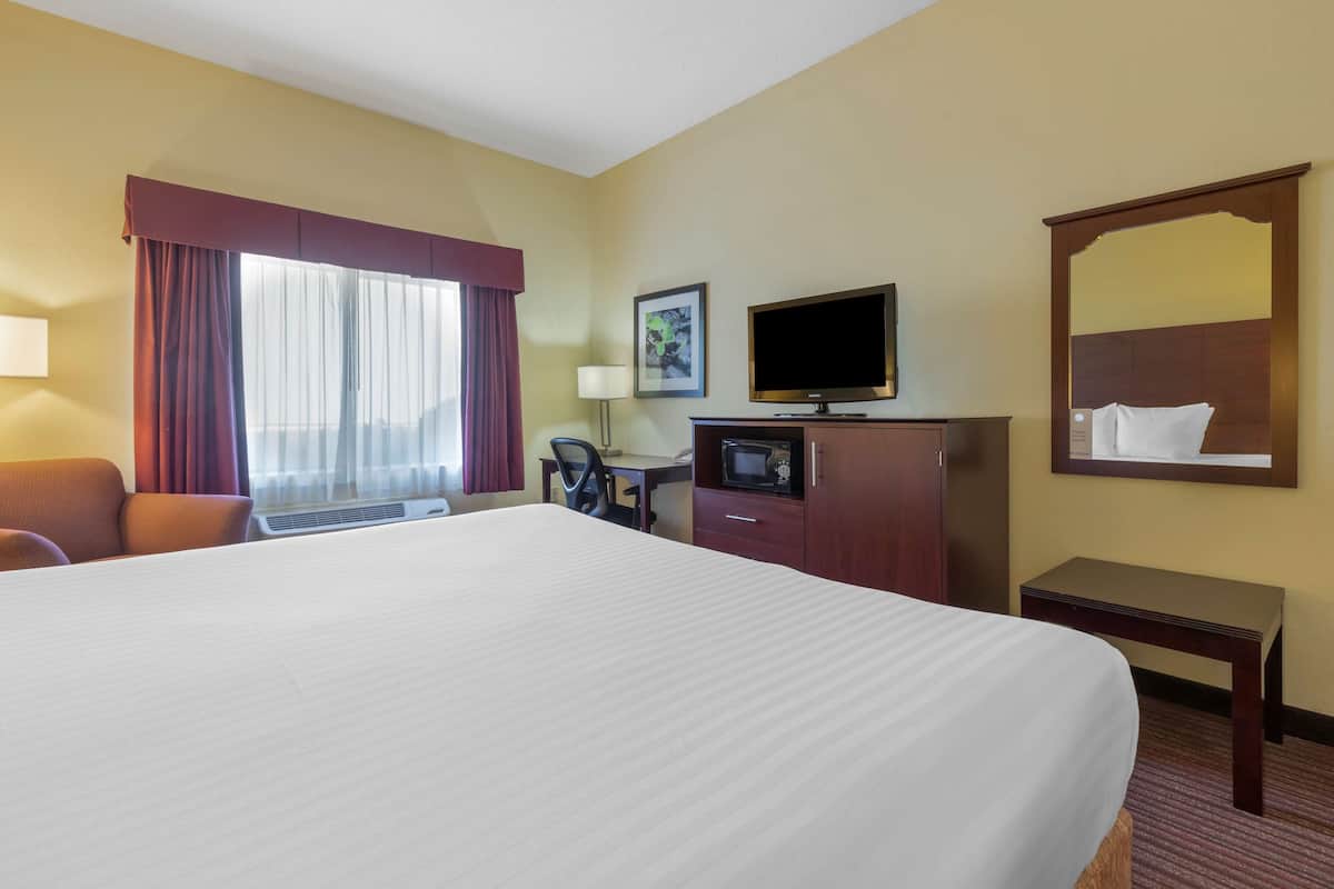 A hotel room with a large bed, a desk with a chair, a television, a mirror, and a window with curtains.