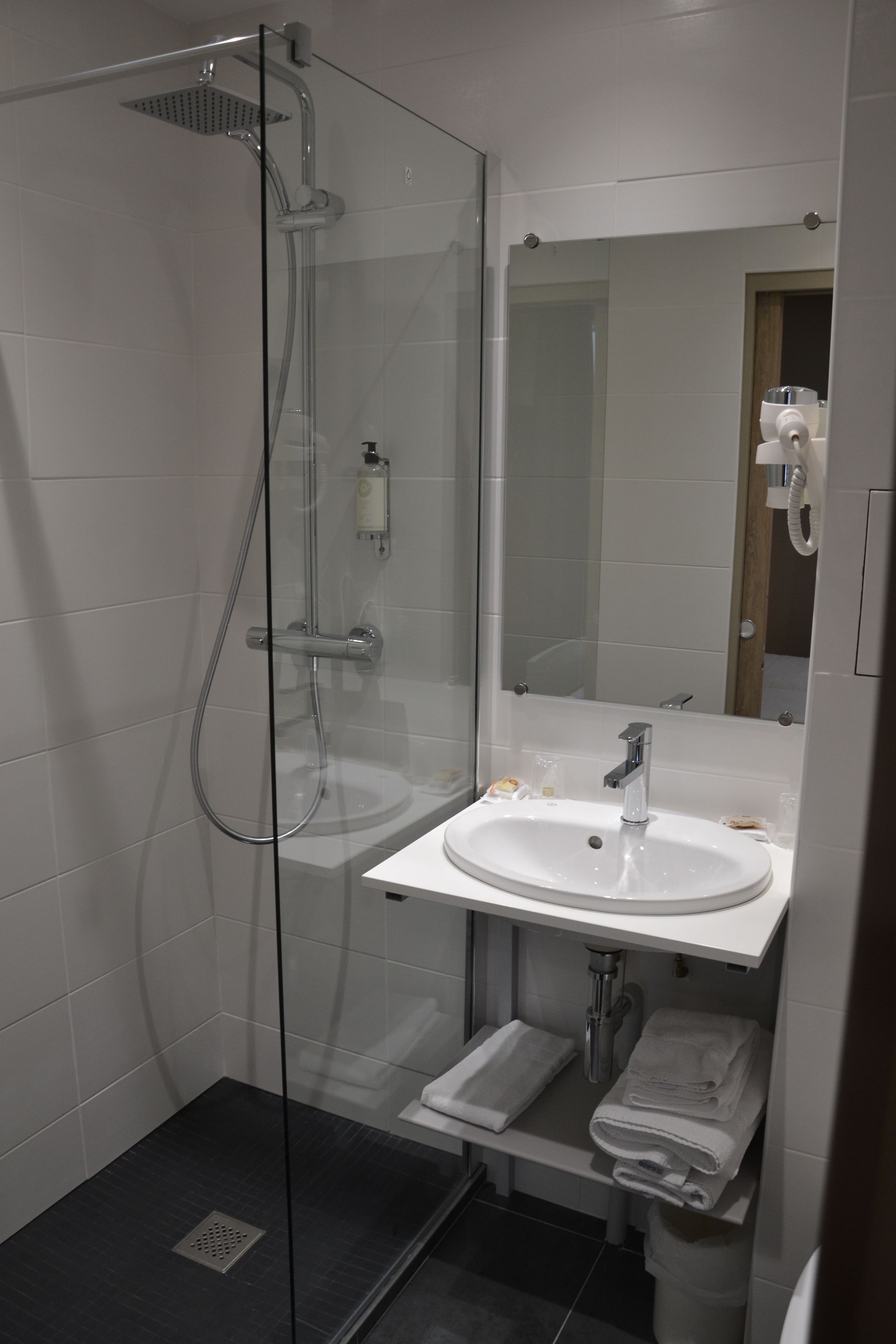 A modern bathroom with a glass-enclosed shower, a white sink, and a mirror above it.