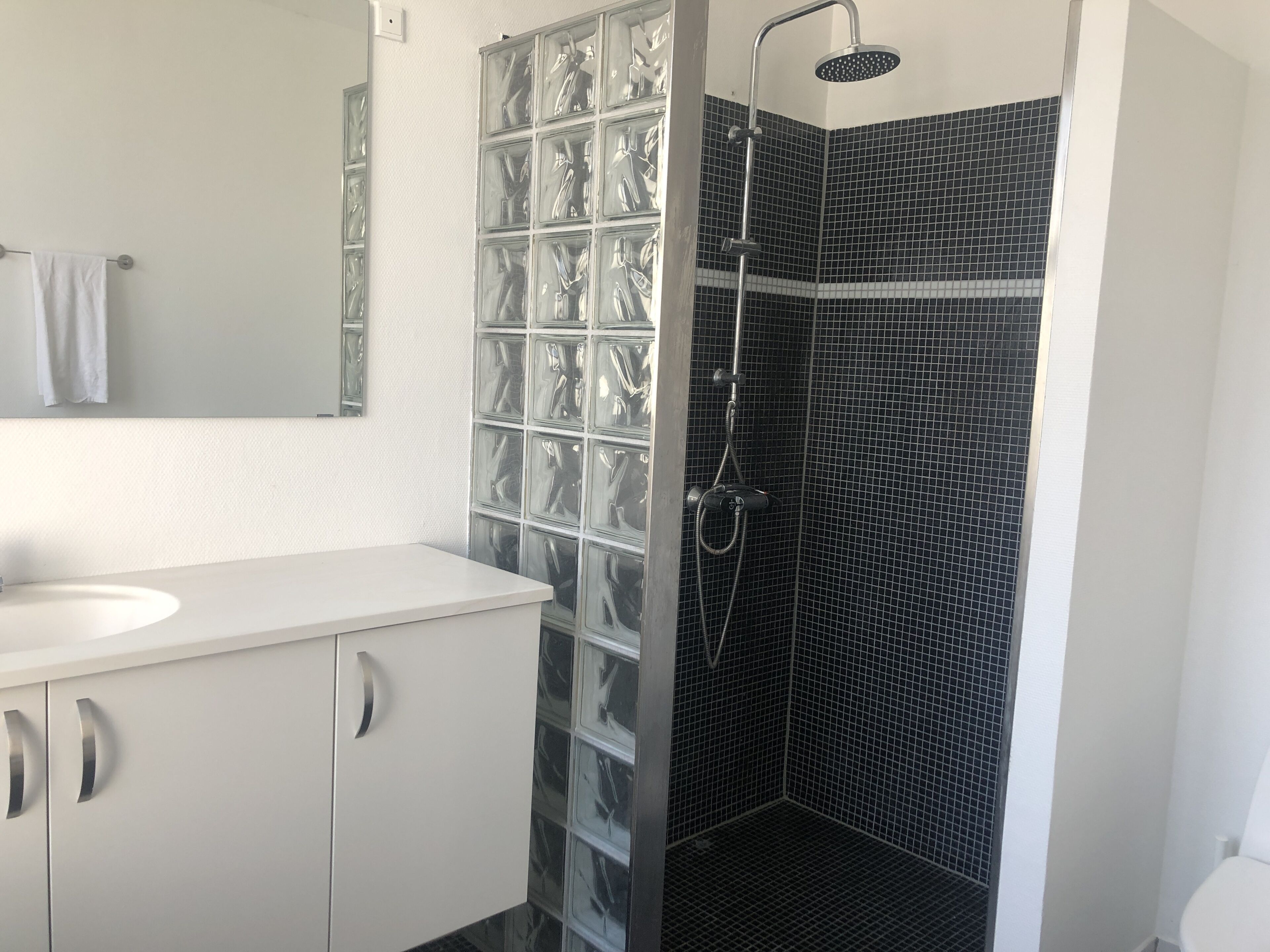 Un baño moderno con tocador blanco, cabina de ducha de vidrio y paredes con azulejos negros.