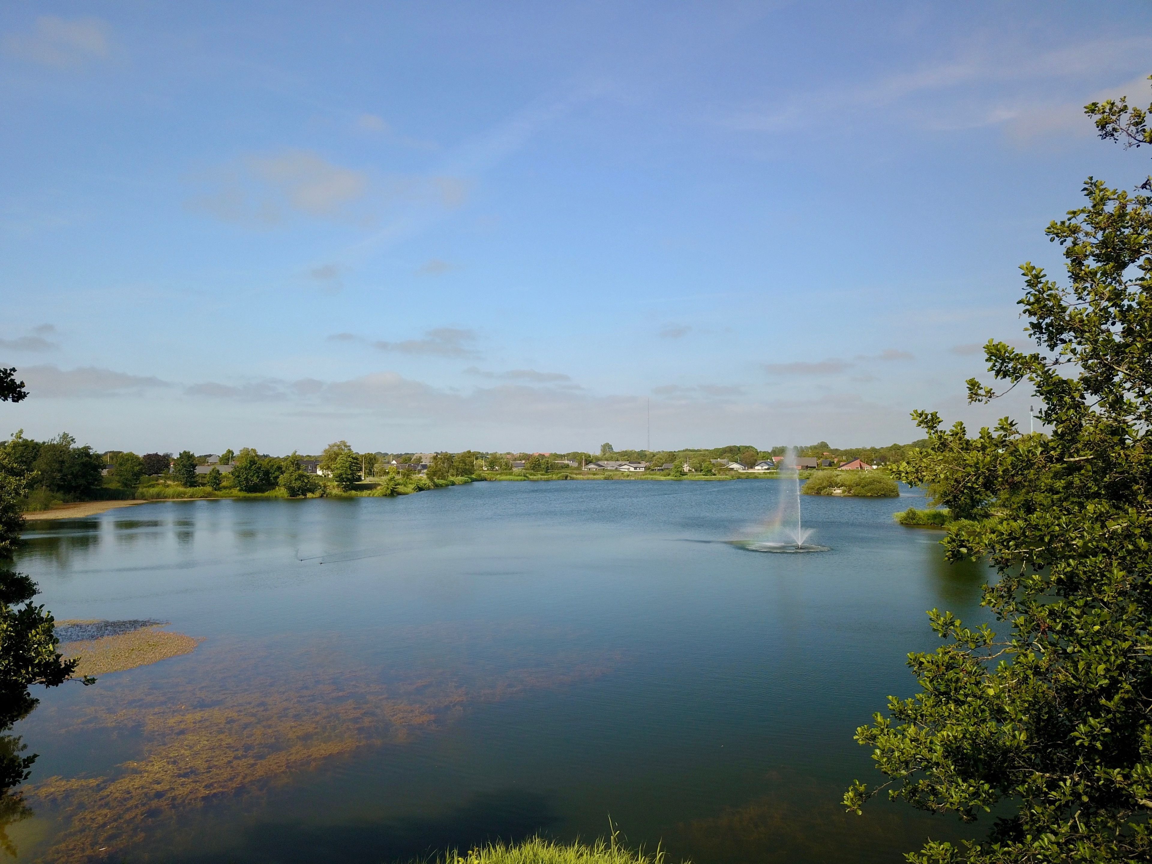 Un lago tranquilo con una fuente en el centro, rodeado de vegetación y casas al fondo.
