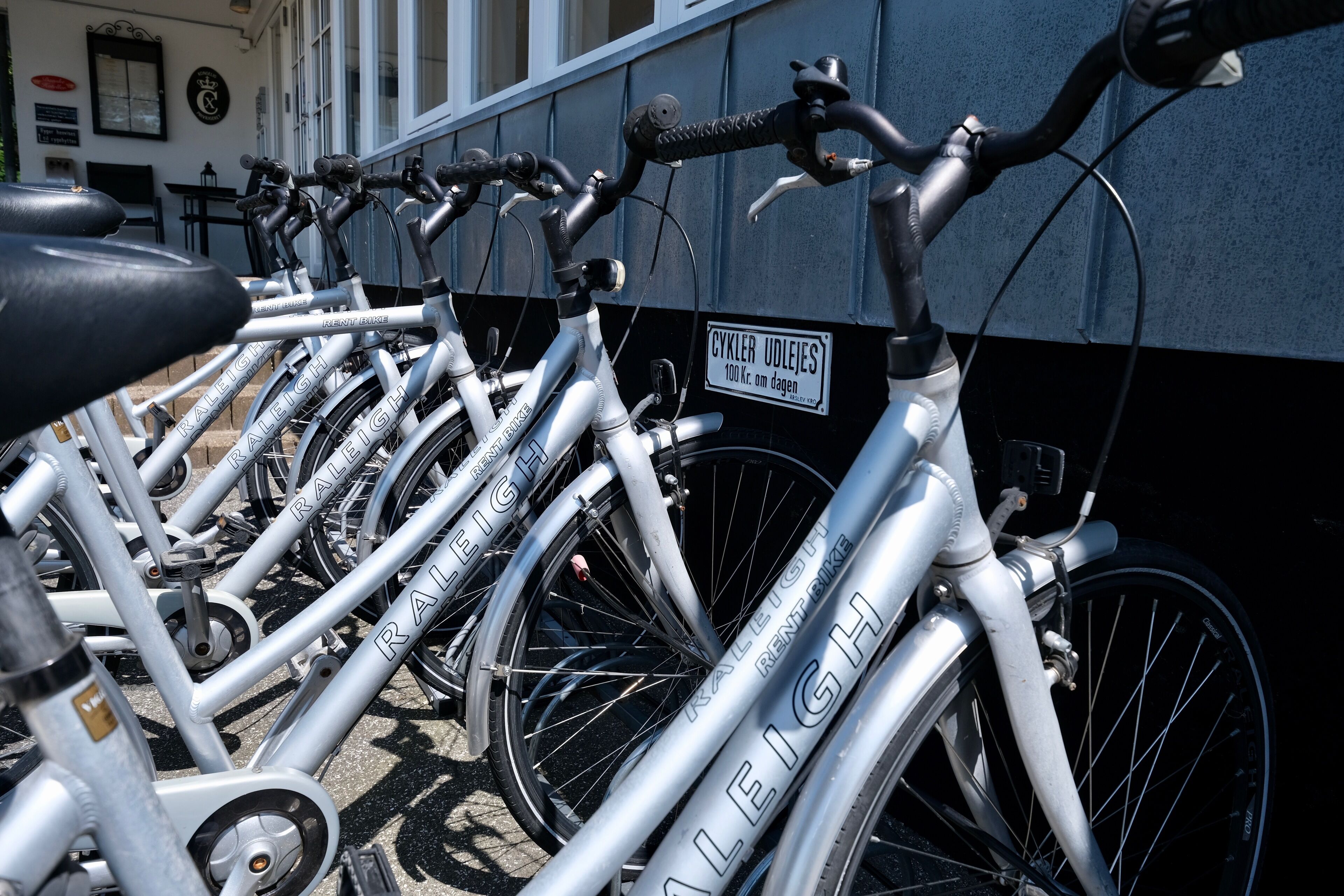 A row of bicycles with a sign indicating a rental price of 100 Kr. per day.