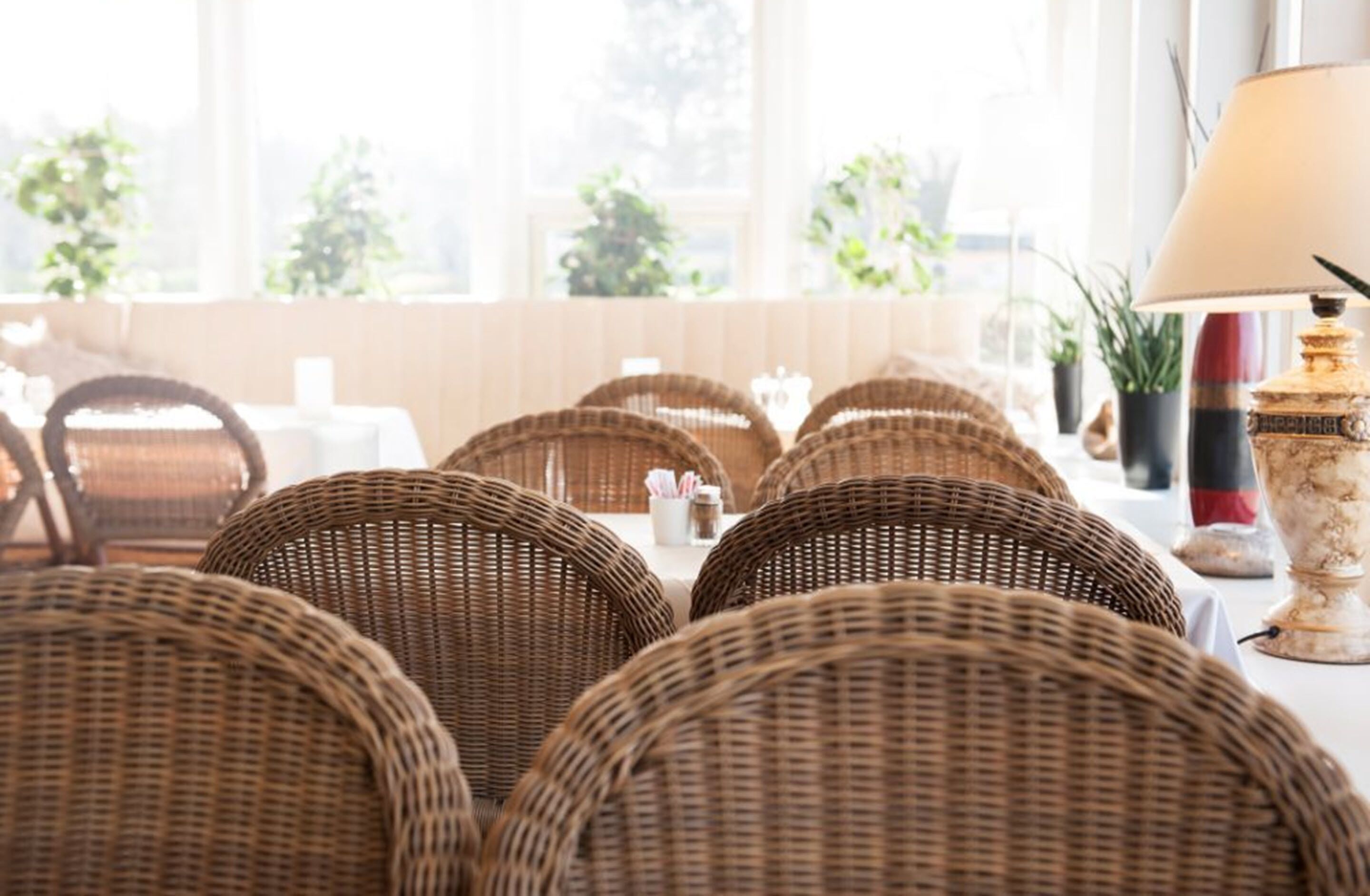 Sillas de mimbre dispuestas alrededor de una mesa con una lámpara y un florero.