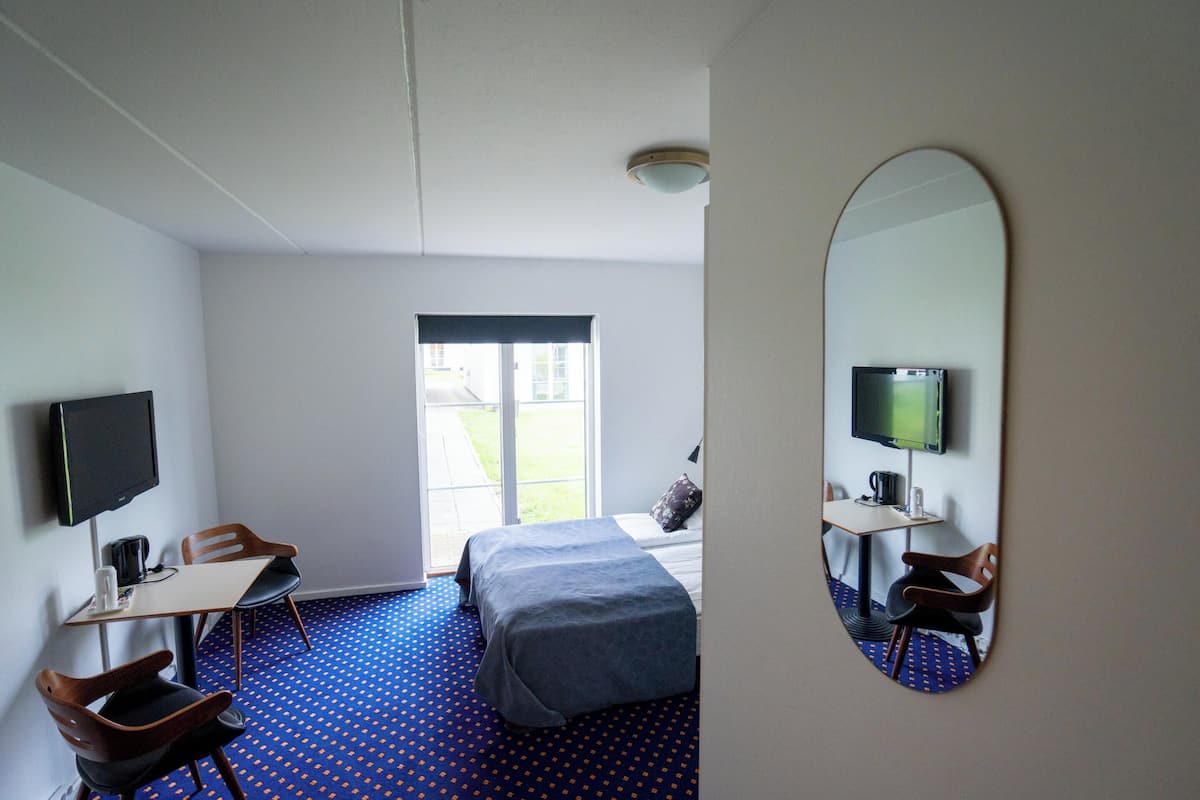 A hotel room with a bed, a desk with a chair, a television, and a large mirror.