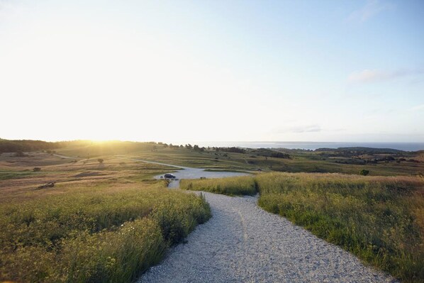 A gravel path leading through a grassy field with a small body of water and distant hills. - Strandhotellet (Ebeltoft)