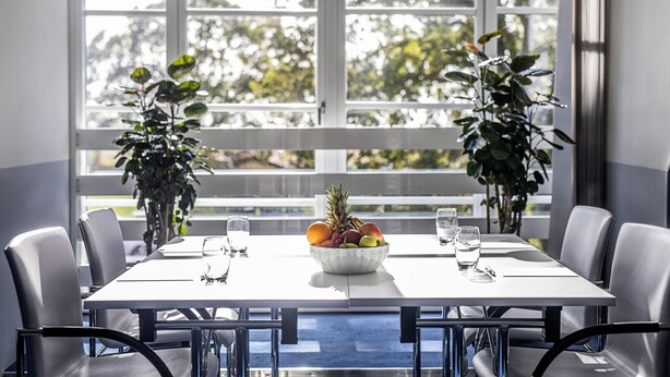 A conference room with a white table, four chairs, a fruit bowl, and two potted plants. - Strandhotellet (Ebeltoft)