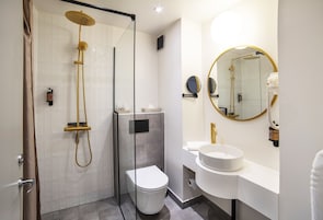A modern bathroom with a glass-enclosed shower, a toilet, a sink, and a mirror.