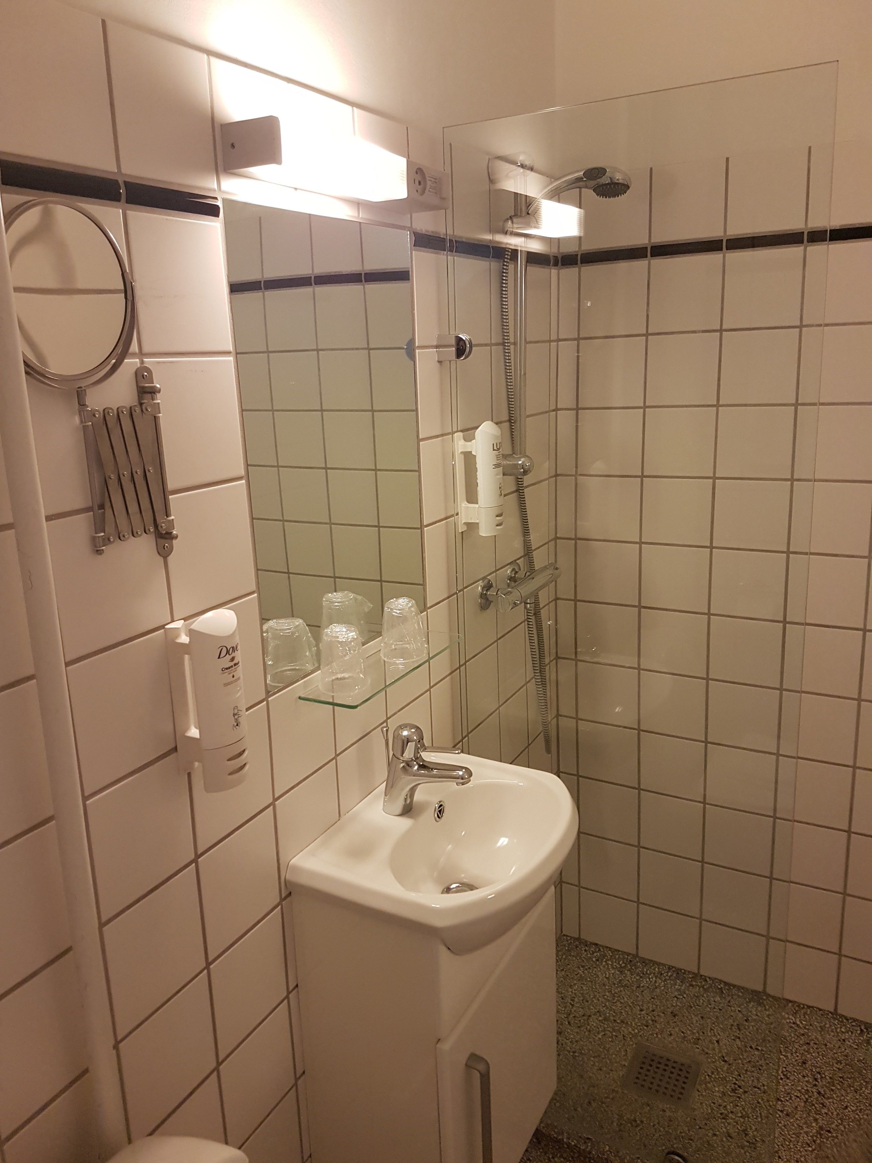A bathroom with a white sink, a glass shower enclosure, and a toilet.