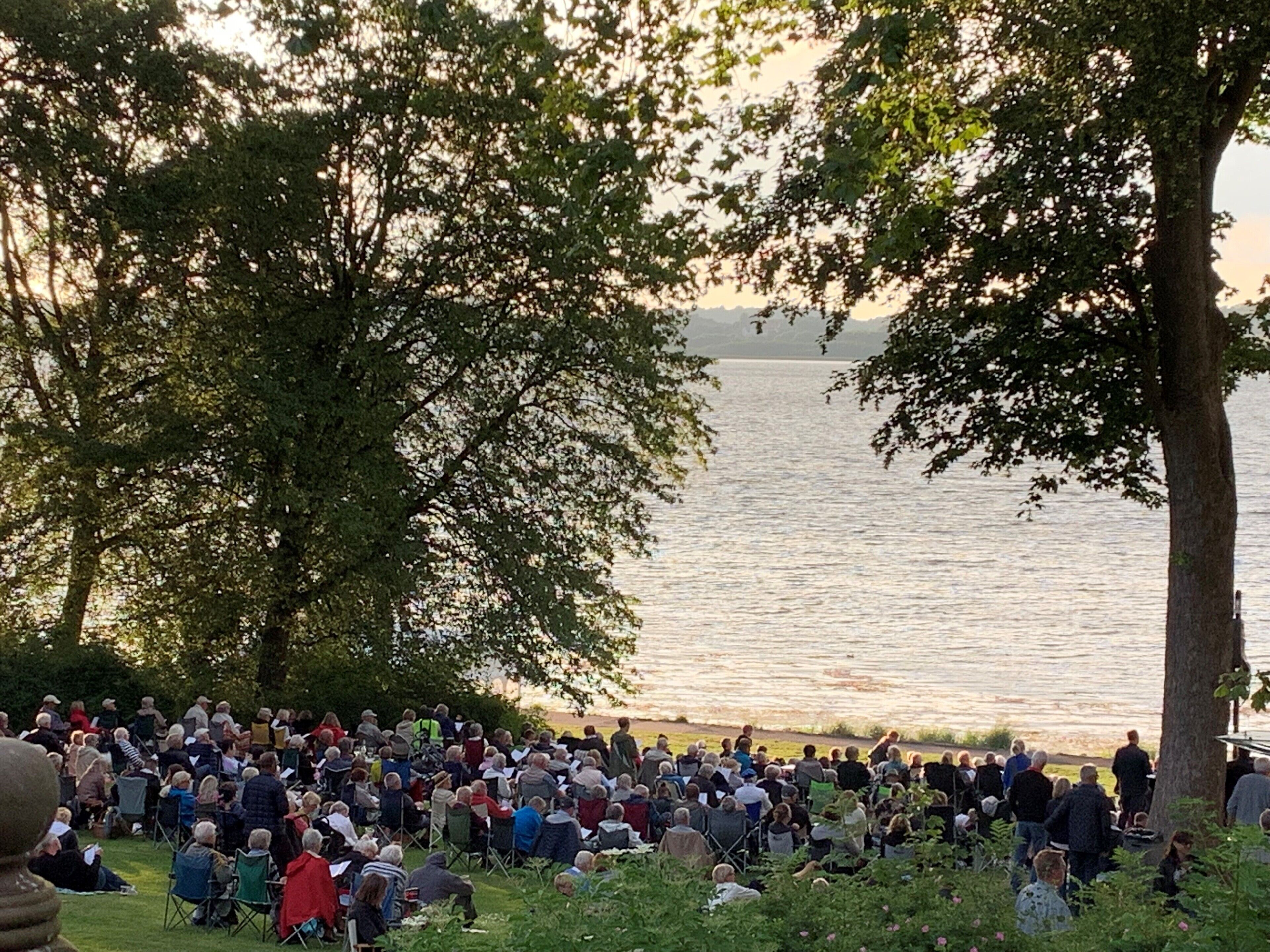 A large outdoor gathering of people by a lake, with trees and grass in the foreground.