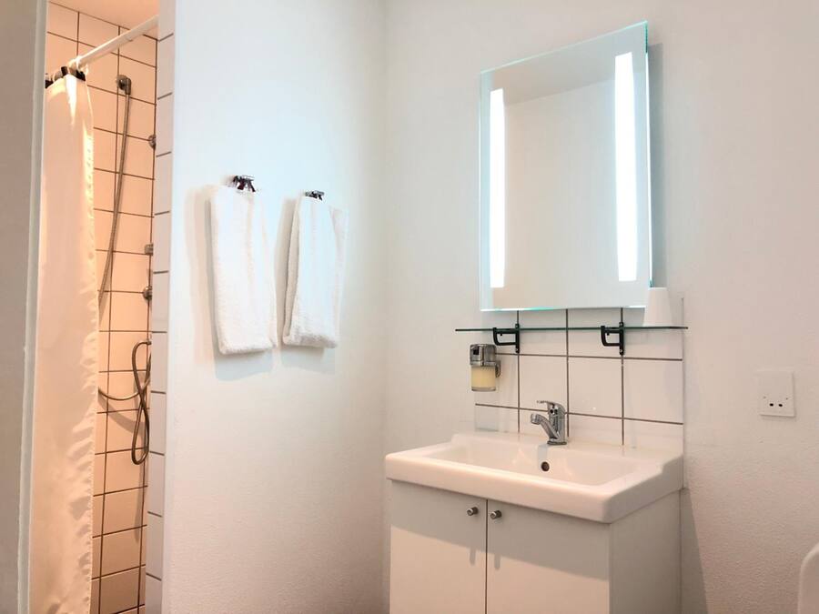 Un baño con ducha, lavamanos y espejo.
