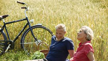 Um casal sentado em um cobertor em um campo, com uma bicicleta por perto.