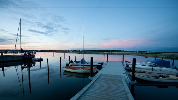 Eine ruhige Marina mit an Holzstegen vertäuten Booten, umgeben von ruhigem Wasser und einem klaren Himmel.