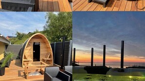 A wooden deck with lounge chairs, a hot tub, and a wooden cabana.