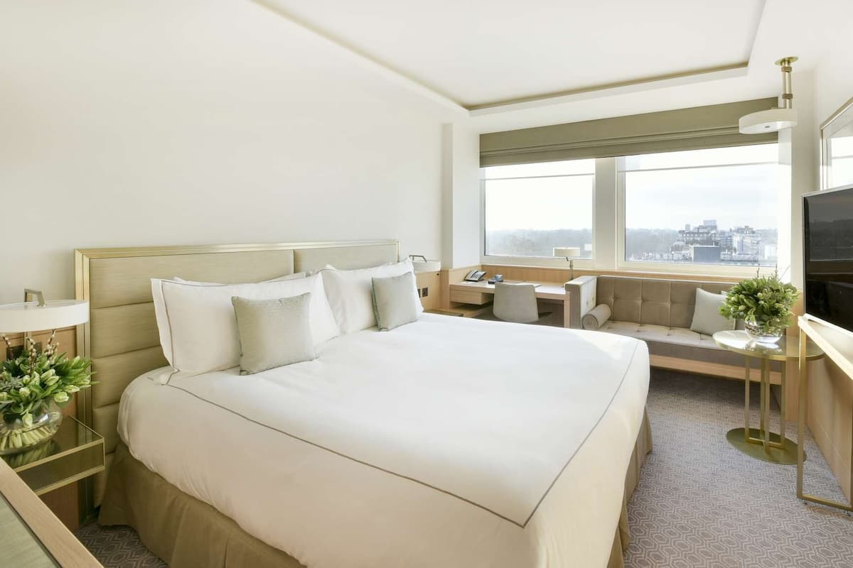 A hotel room with a large bed, a desk, a chair, a TV, and a window with a city view.