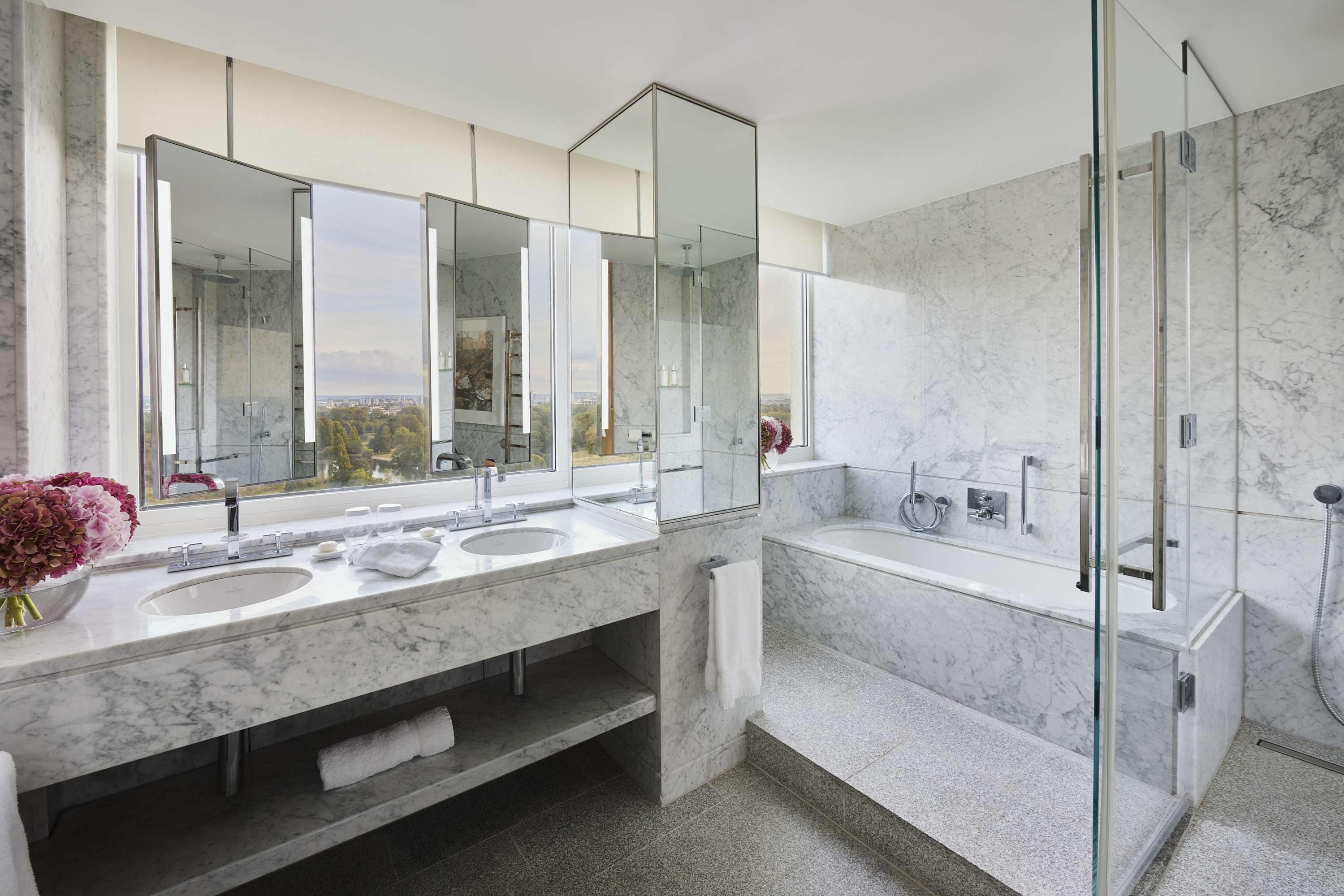 shower, designer toiletries, hair dryer, bathrobes