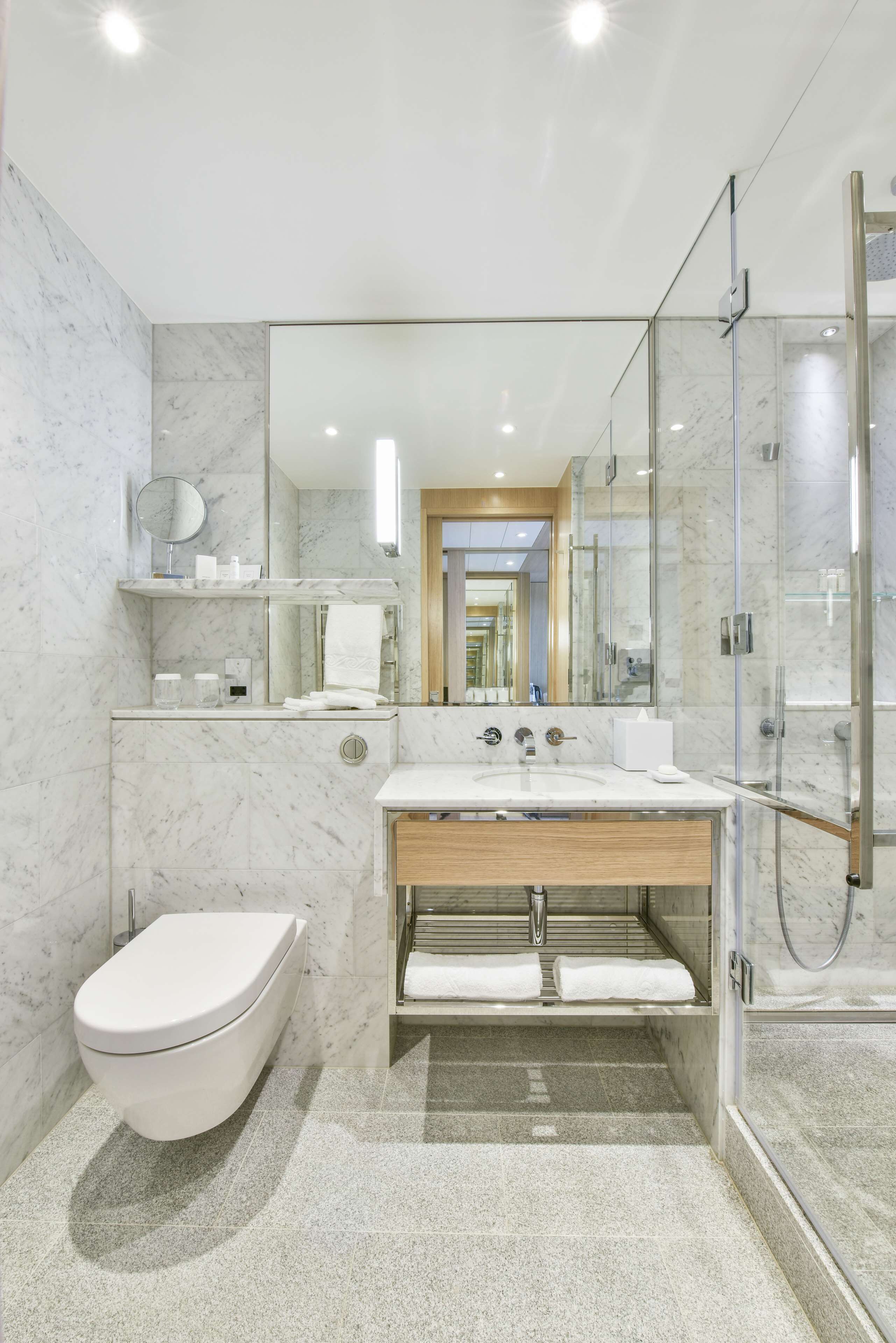 shower, designer toiletries, hair dryer, bathrobes