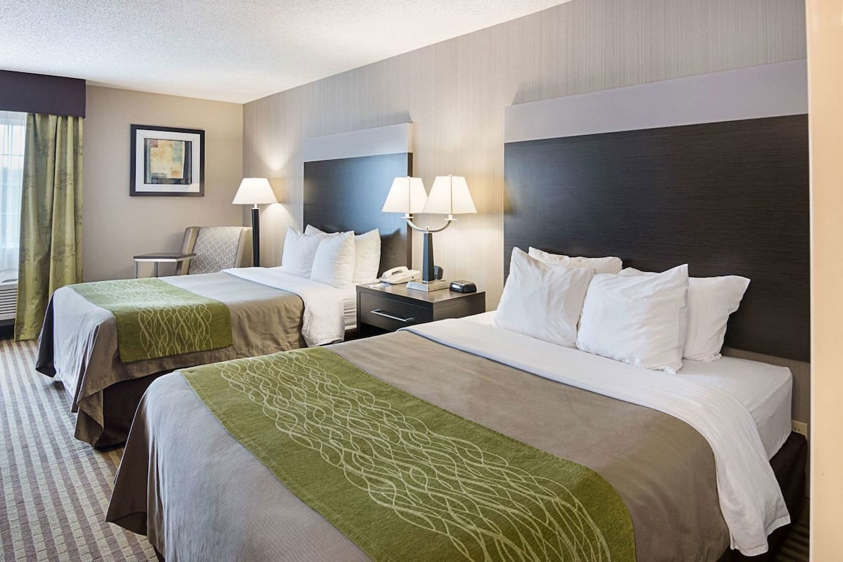 A hotel room with two beds, a nightstand, a lamp, a phone, and a painting on the wall.