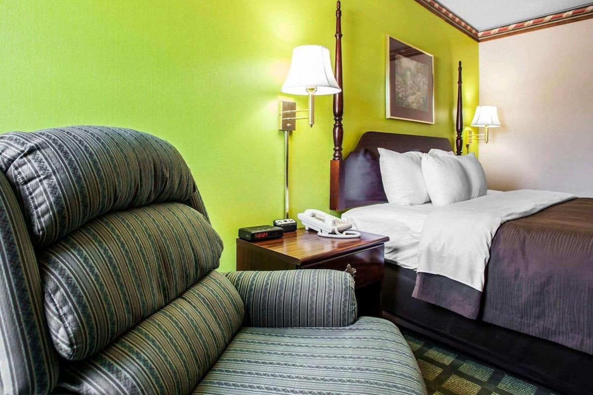 A hotel room with a green wall, a bed with white bedding, a nightstand with a lamp, and a striped armchair.