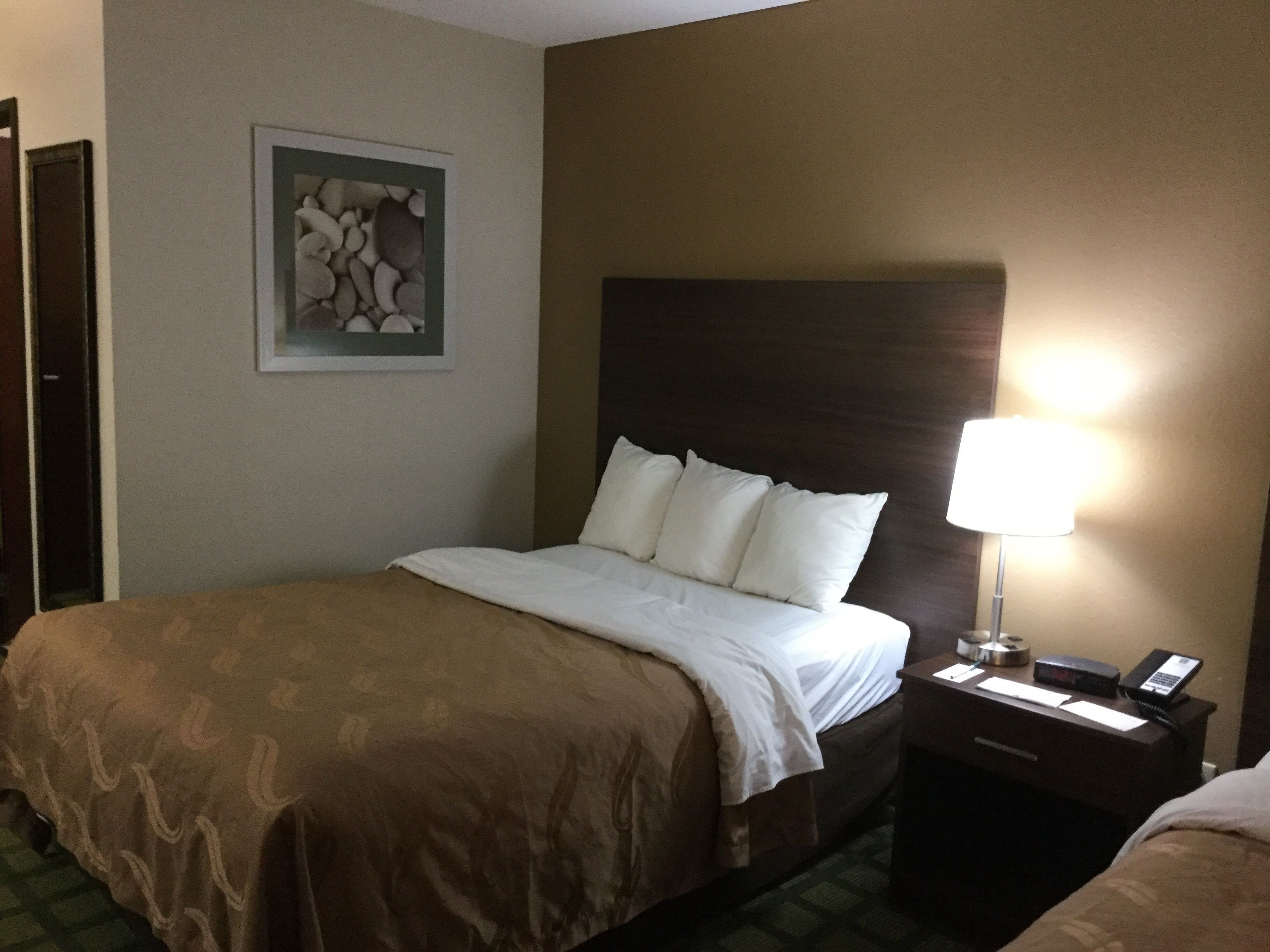 A hotel room with a bed, a nightstand with a lamp, a telephone, and a framed picture on the wall.