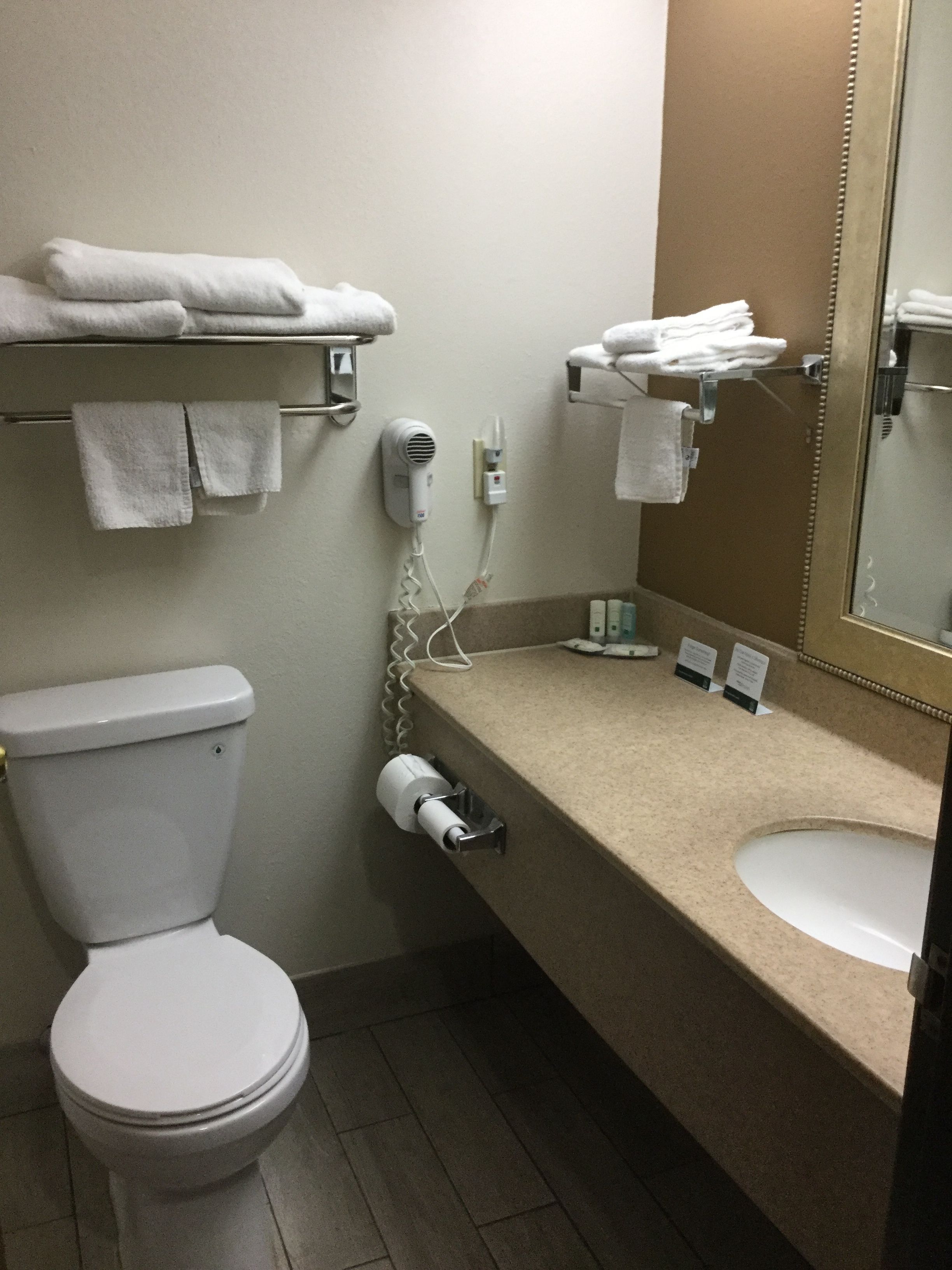 Un baño con inodoro, lavamanos, toallero, secador de pelo y espejo.
