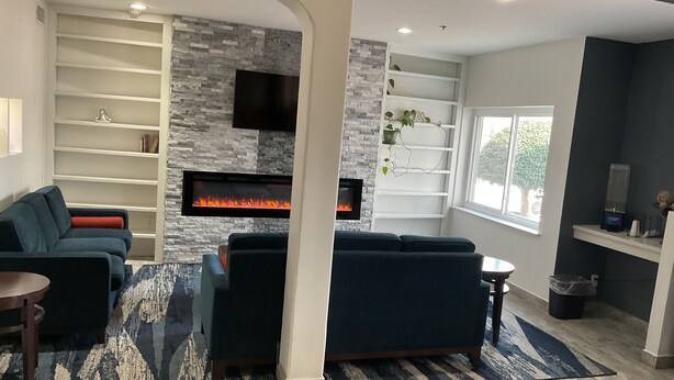 Una sala moderna con chimenea, sofá, televisión y estantería.