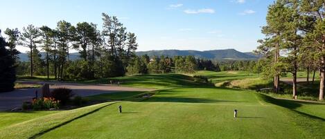 A golf course with well-maintained grass, trees, and a clear sky.