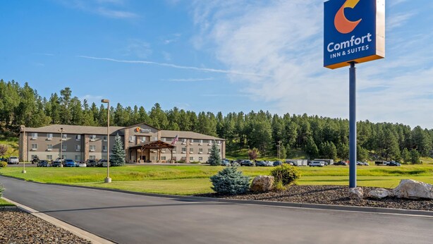 A Comfort Inn & Suites hotel with a large sign, a parking lot, and a building surrounded by trees.
