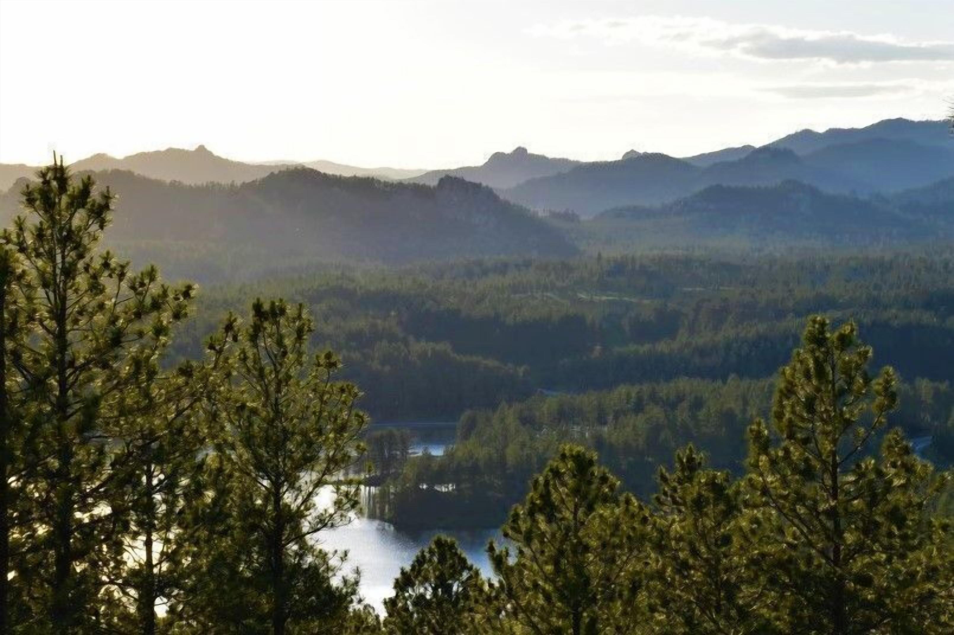 A mountainous landscape with dense forests and a lake.