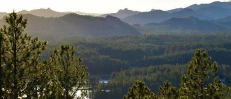 A mountainous landscape with dense forests and a lake.