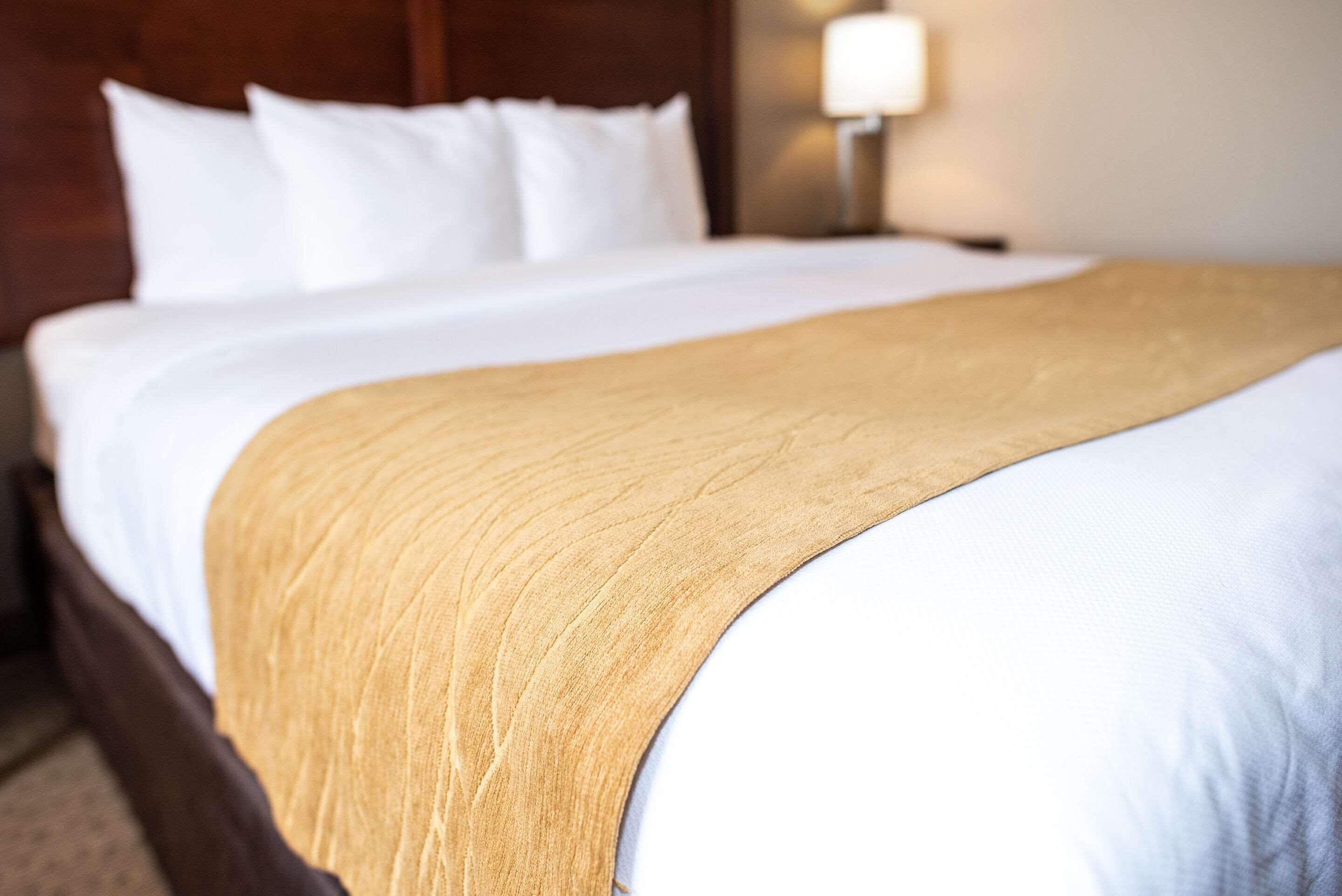 Premium bedding, down comforters, blackout drapes, iron/ironing board