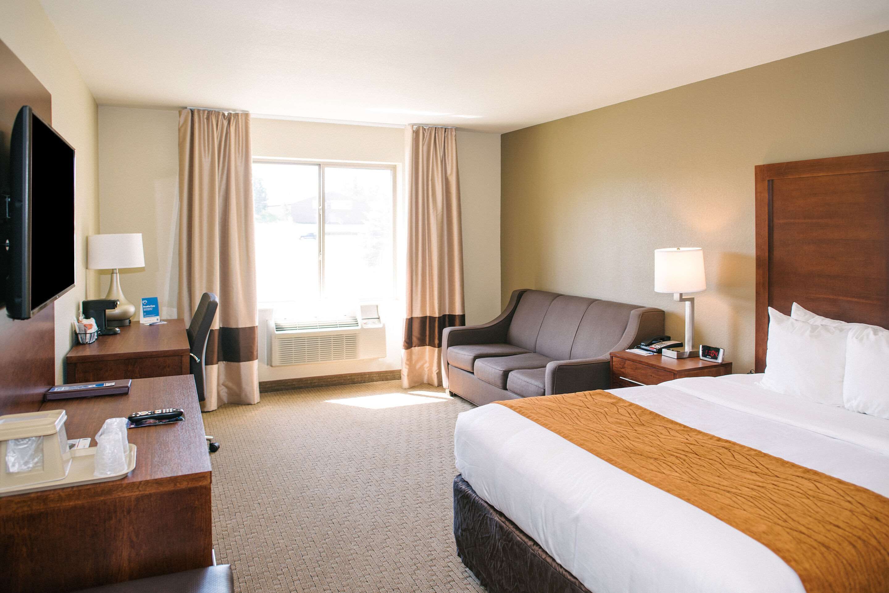 A hotel room with a large bed, a sofa, a desk with a television, and a window with curtains.