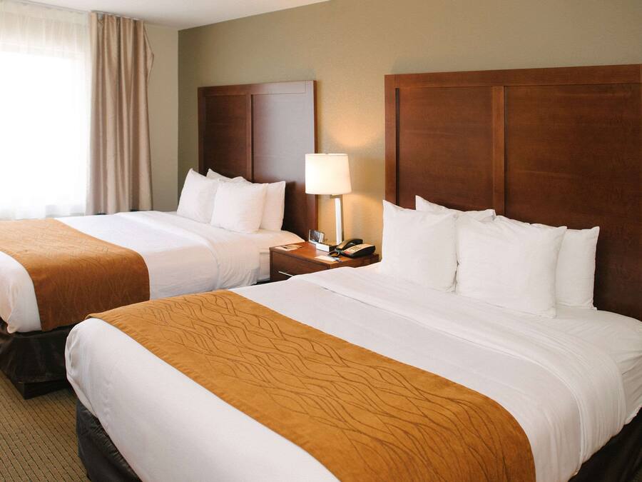 Een hotelkamer met twee bedden, elk met een houten hoofdbord, witte beddengoed en een bruin accent. Er staat een nachtkastje met een lamp en een telefoon.
