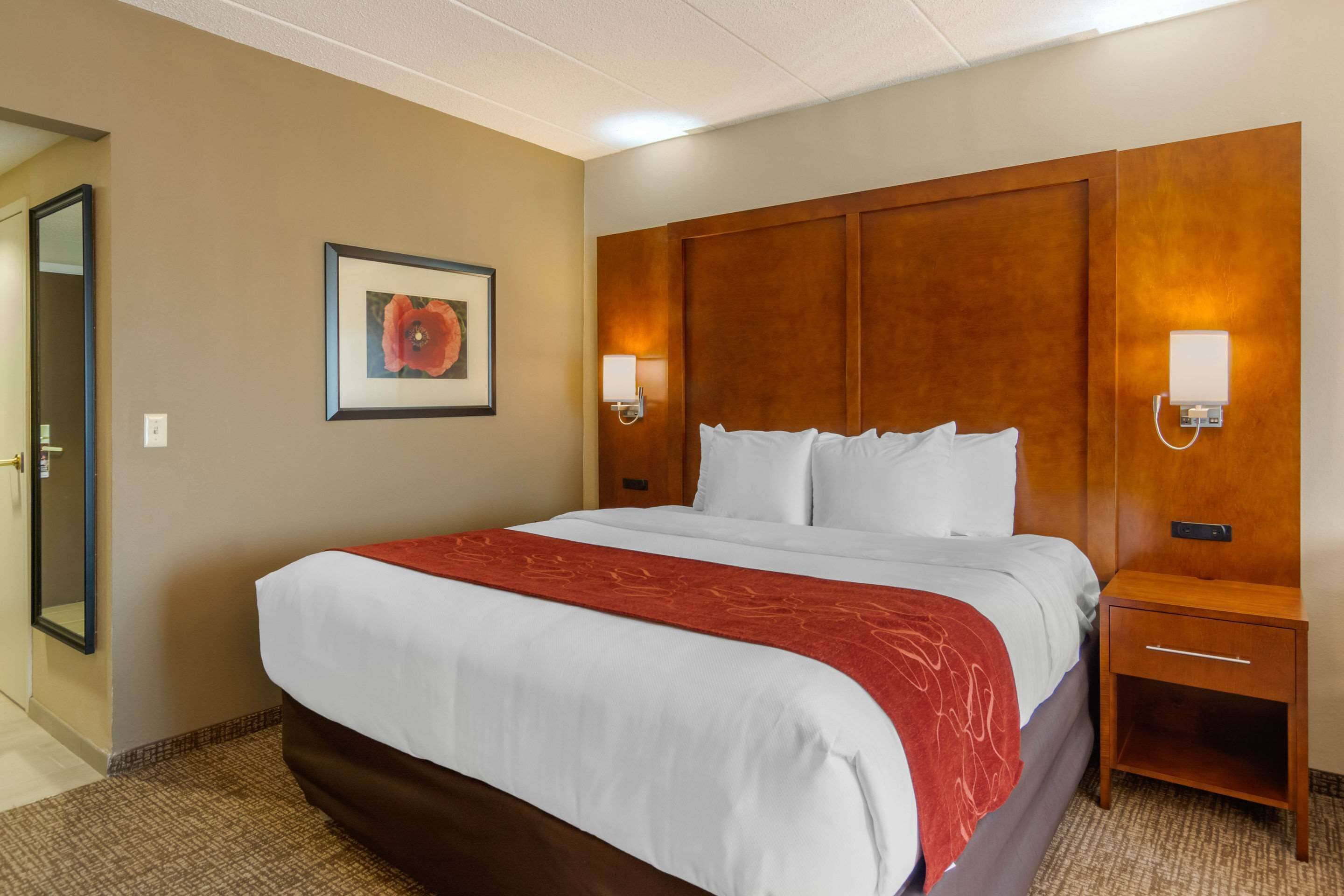 A hotel room with a large bed, a wooden headboard, two bedside tables, a framed picture on the wall, and a door leading to another room.