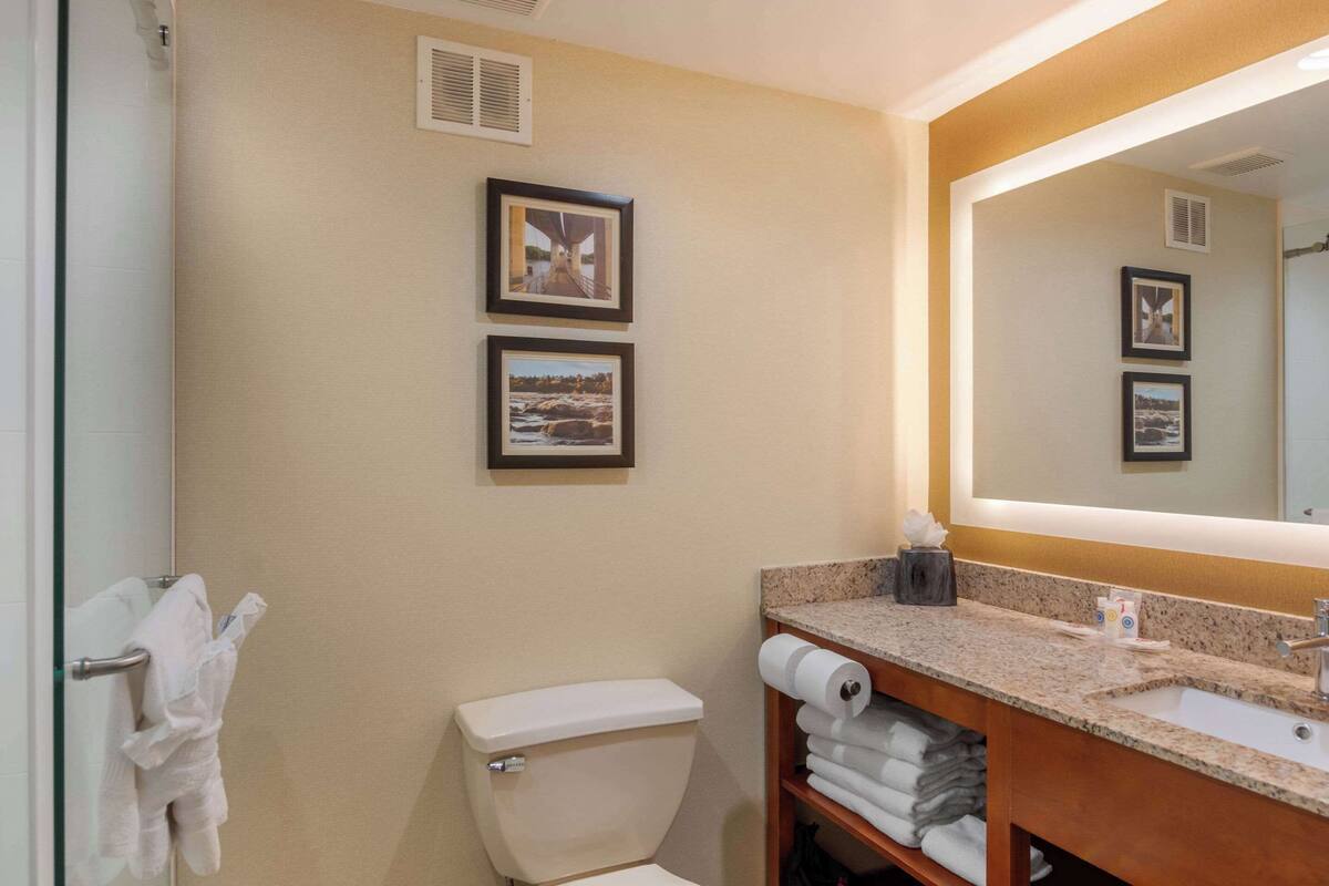 Une salle de bain avec des toilettes, un lavabo et un porte-serviettes. Deux tableaux encadrés sont accrochés au mur.