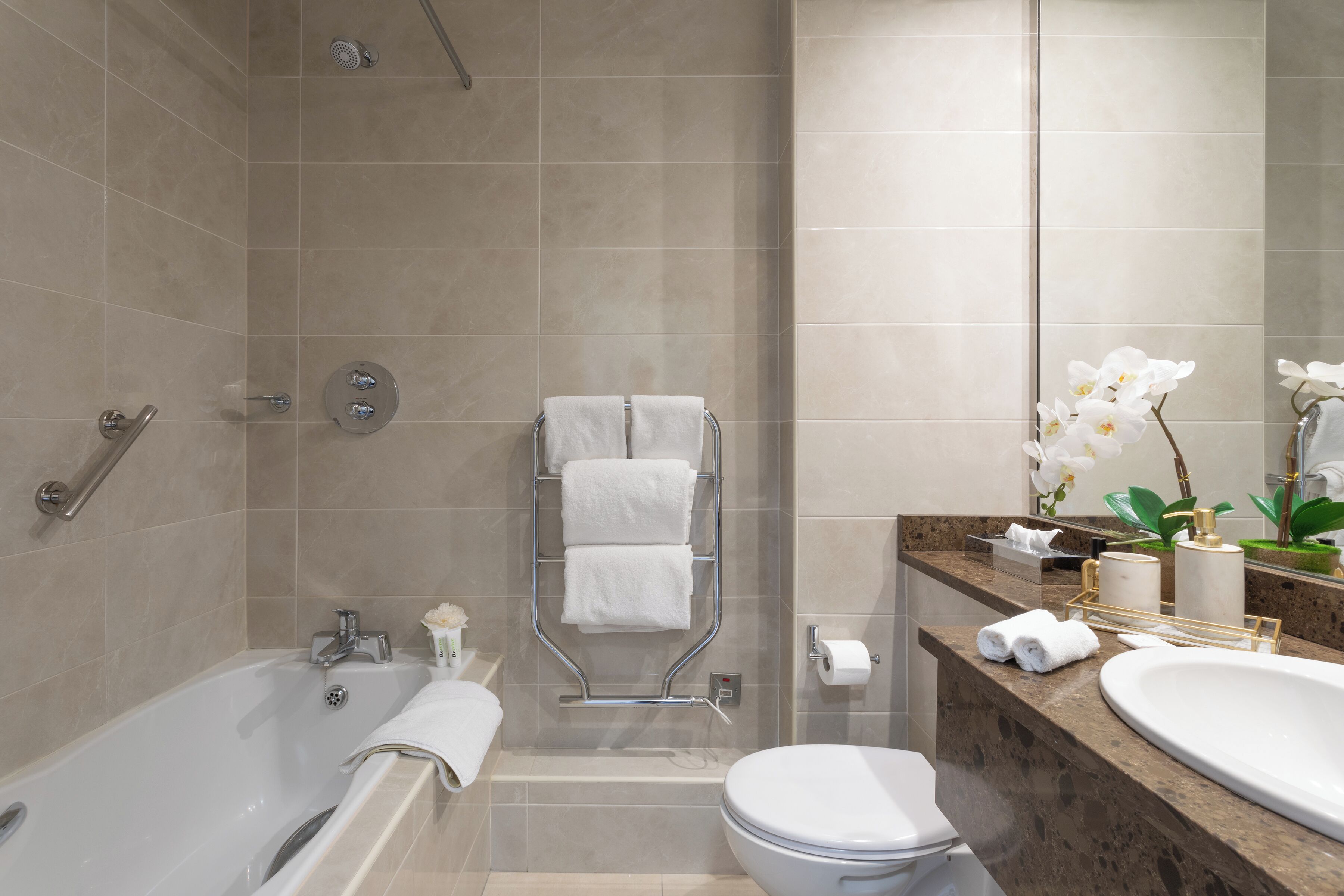 hair dryer, towels, soap, shampoo