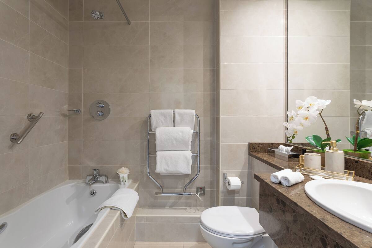 hair dryer, towels, soap, shampoo