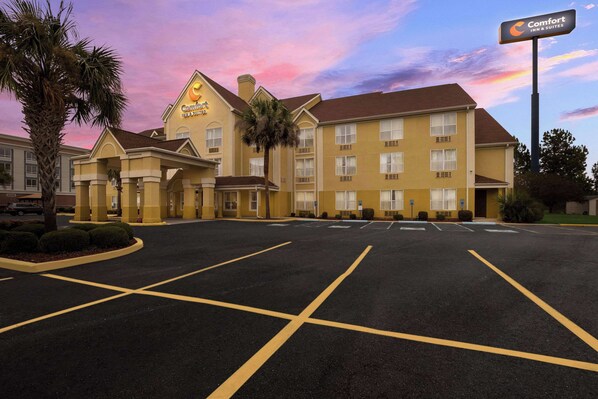 A Comfort Inn & Suites hotel with a parking lot and a palm tree.