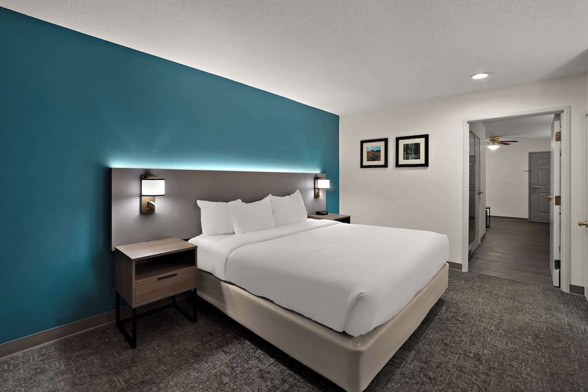 Habitación de hotel con una cama grande, una mesita de noche, una lámpara de pared y un cuadro enmarcado en la pared.